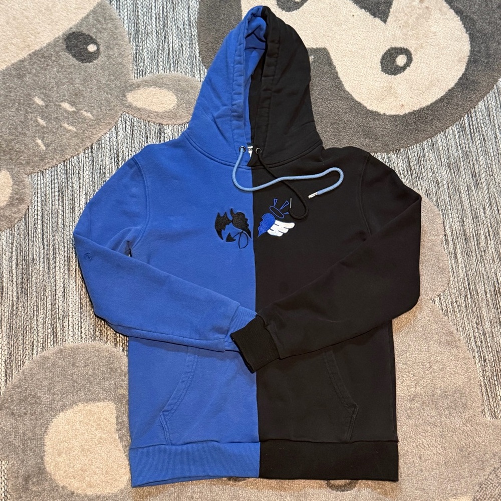 Demons N Angels Sweatshirt Blue Black Split Pullover Hoodie Size SMALL